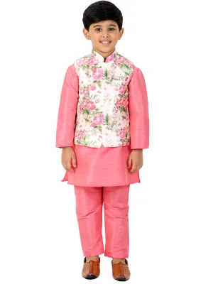 Boy's Floral Printed Jacket, Kurta And Pyjama Set - Vastramay Boys