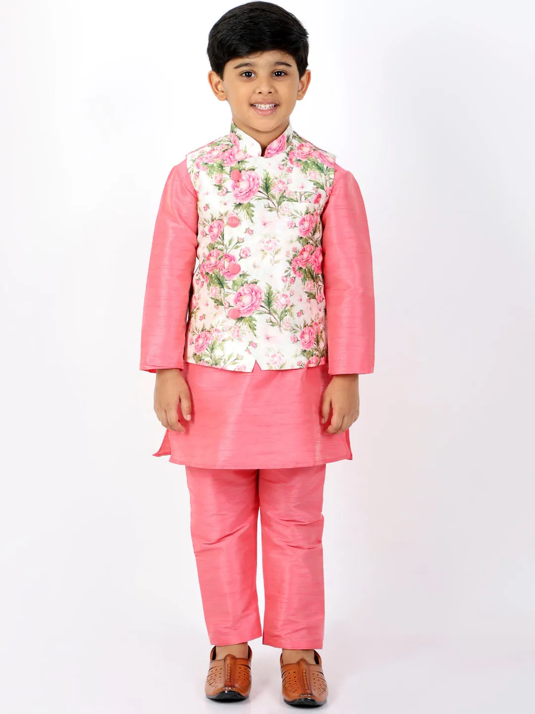 Boy's Floral Printed Jacket, Kurta And Pyjama Set - Vastramay Boys