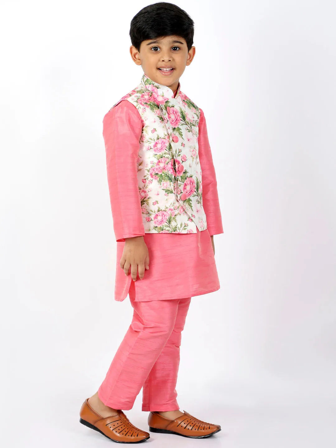 Boy's Floral Printed Jacket, Kurta And Pyjama Set - Vastramay Boys