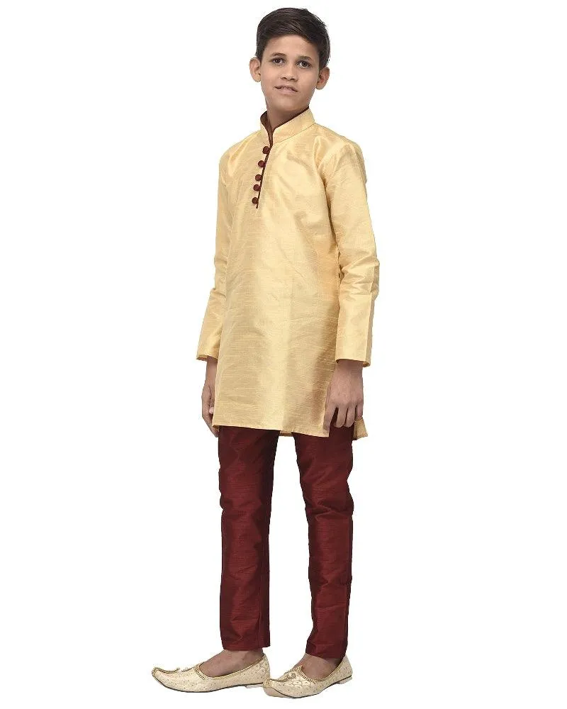 Boy's Gold Solid Kurta With Maroon Churidaar Pyjama - Benstoke KIDS