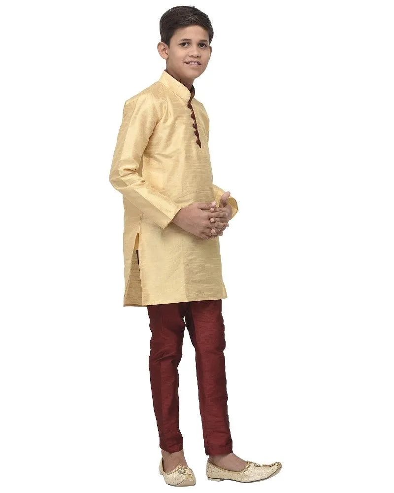 Boy's Gold Solid Kurta With Maroon Churidaar Pyjama - Benstoke KIDS