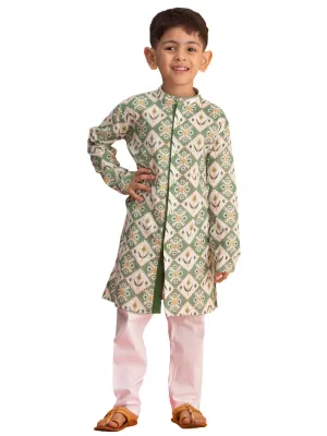 Boy's Green And White Kurta Pyjama Set - Vastramay Boys