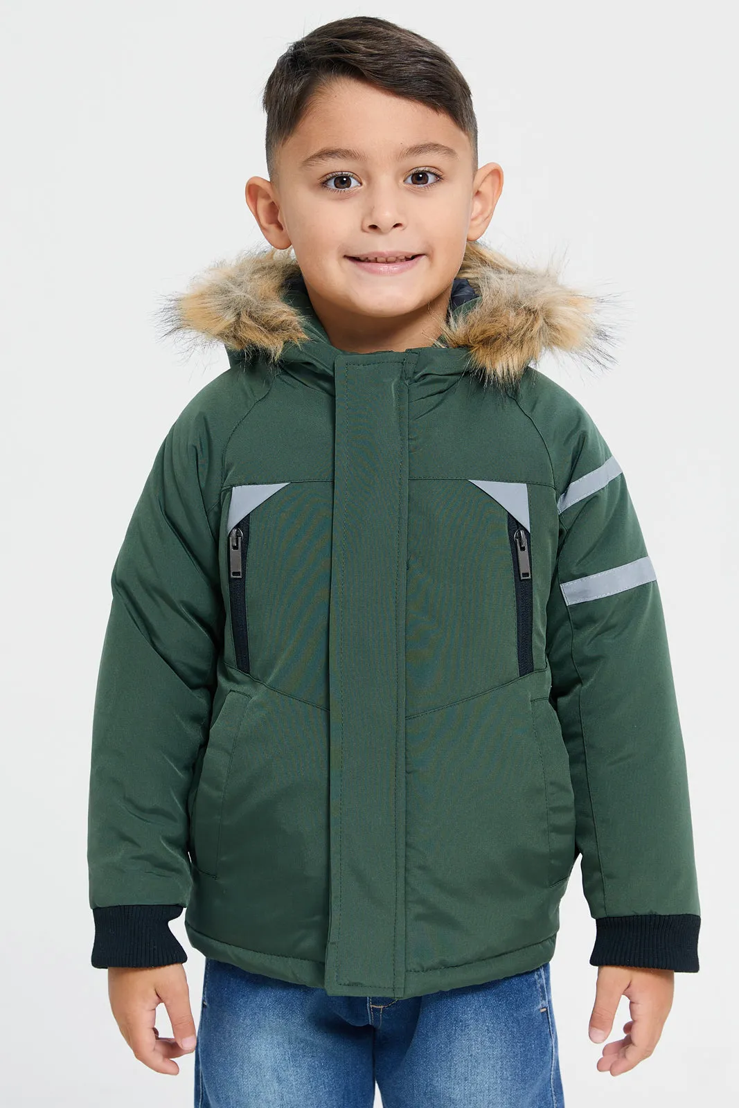 Boys Green Embellished Jacket With Fur Hooded