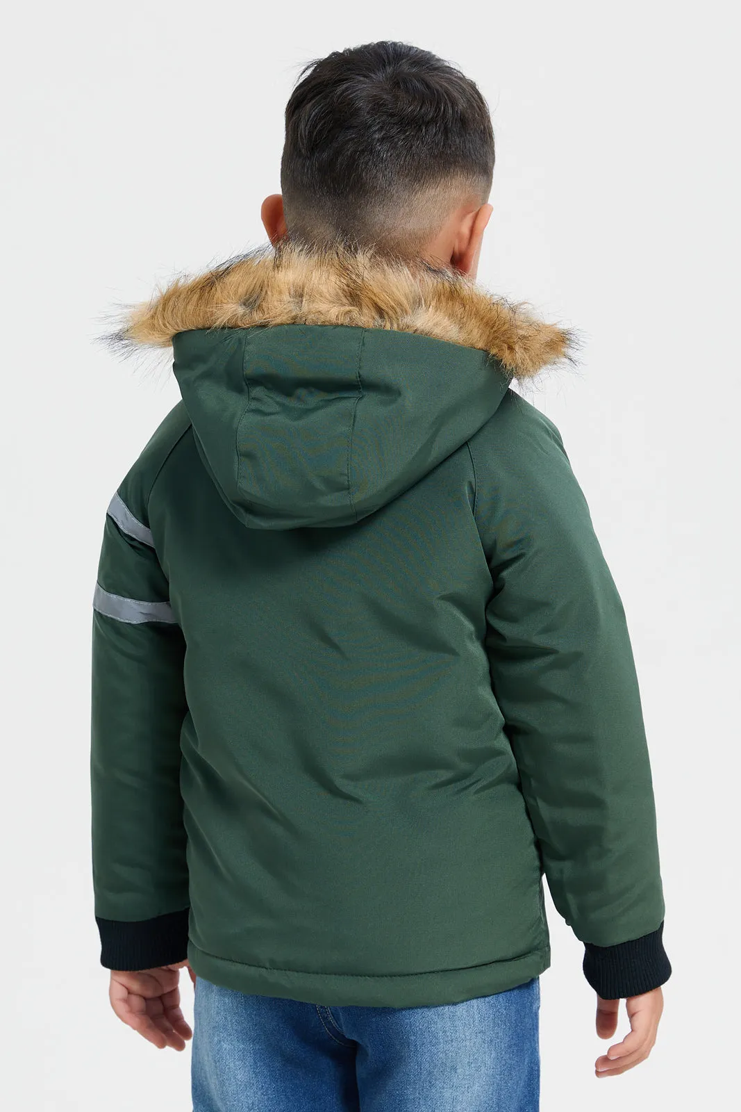 Boys Green Embellished Jacket With Fur Hooded