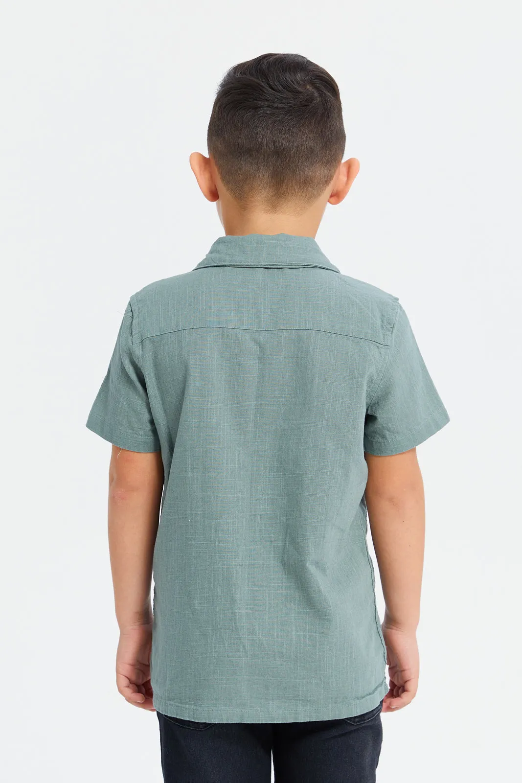 Boys Green Front Embroidery Oversized Shirt