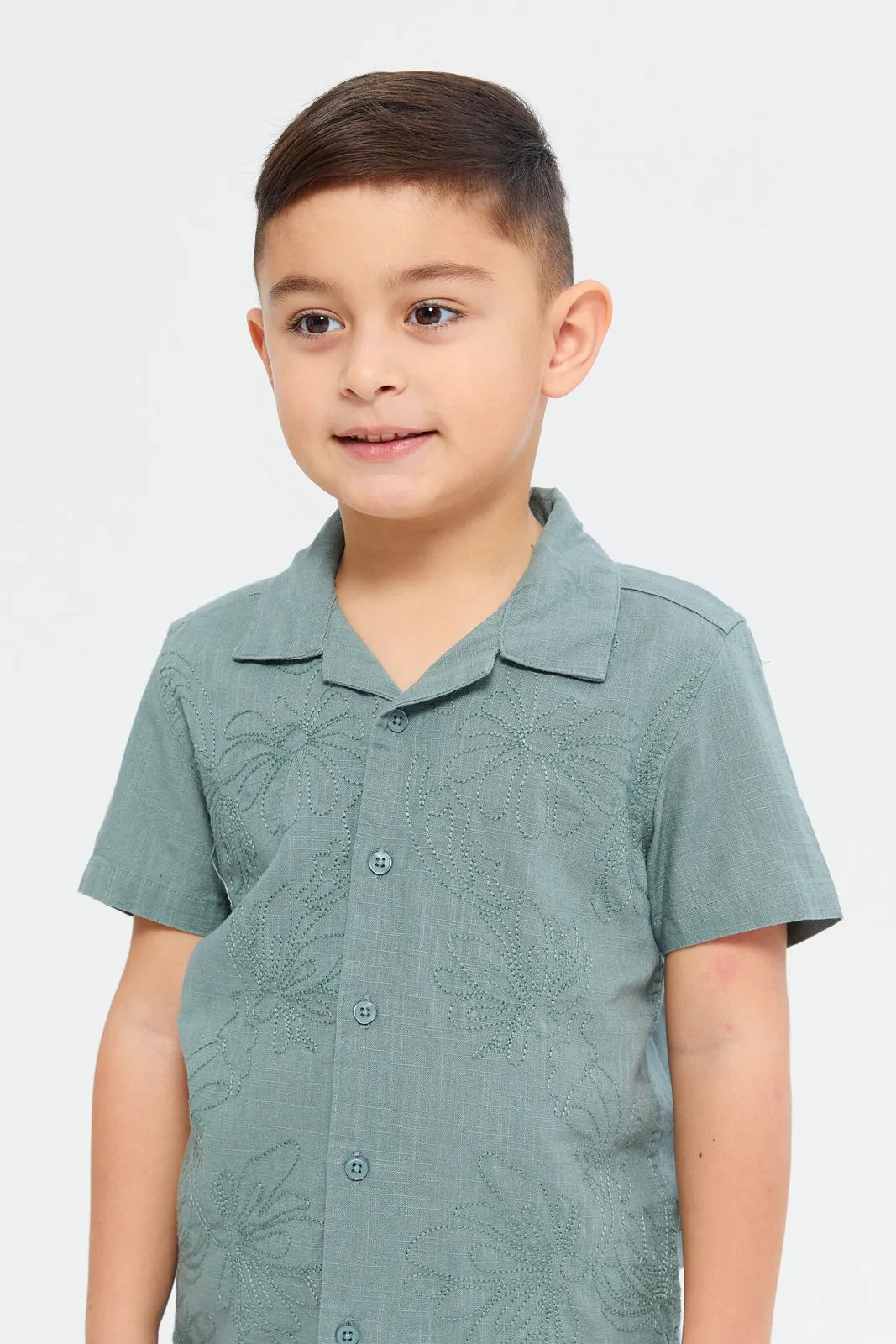 Boys Green Front Embroidery Oversized Shirt