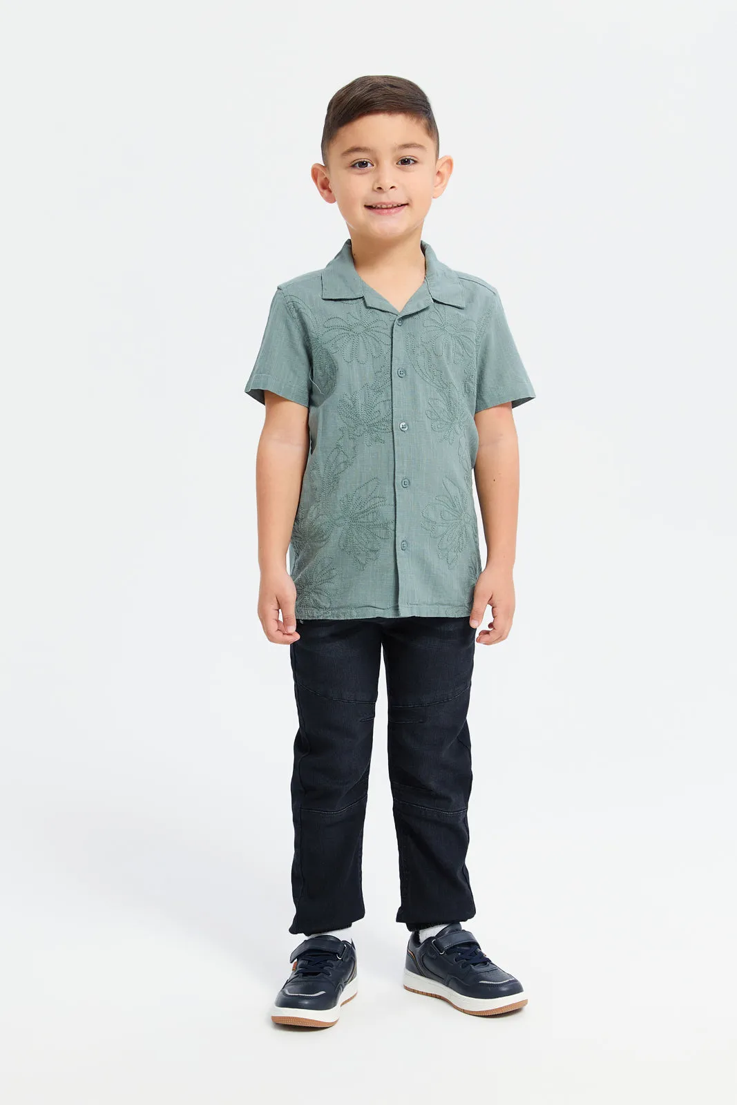 Boys Green Front Embroidery Oversized Shirt