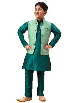 Boy's Green Jacket, Kurta And Pyjama Set - Vastramay Boys