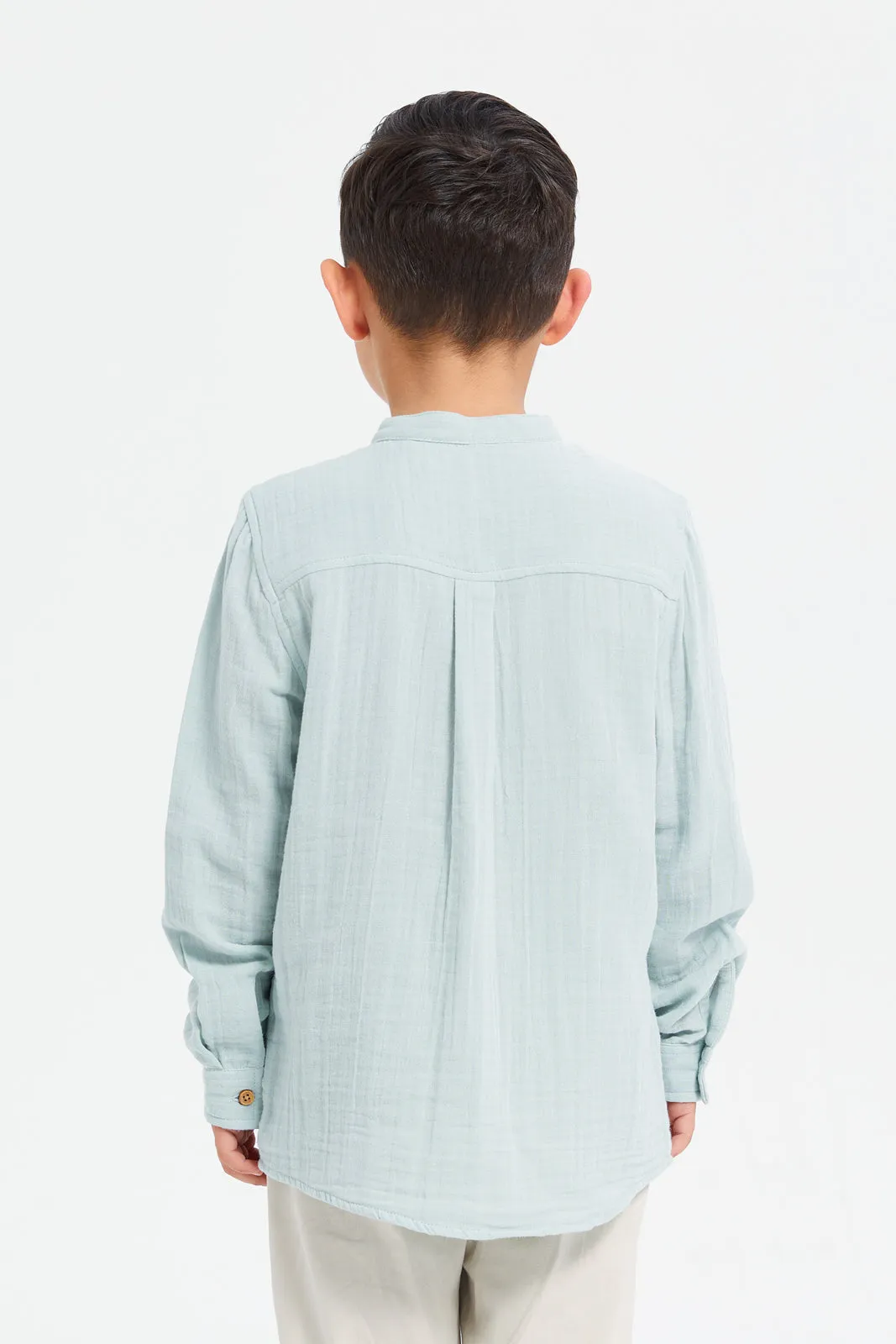 Boys Green Mandarin Collar Shirt