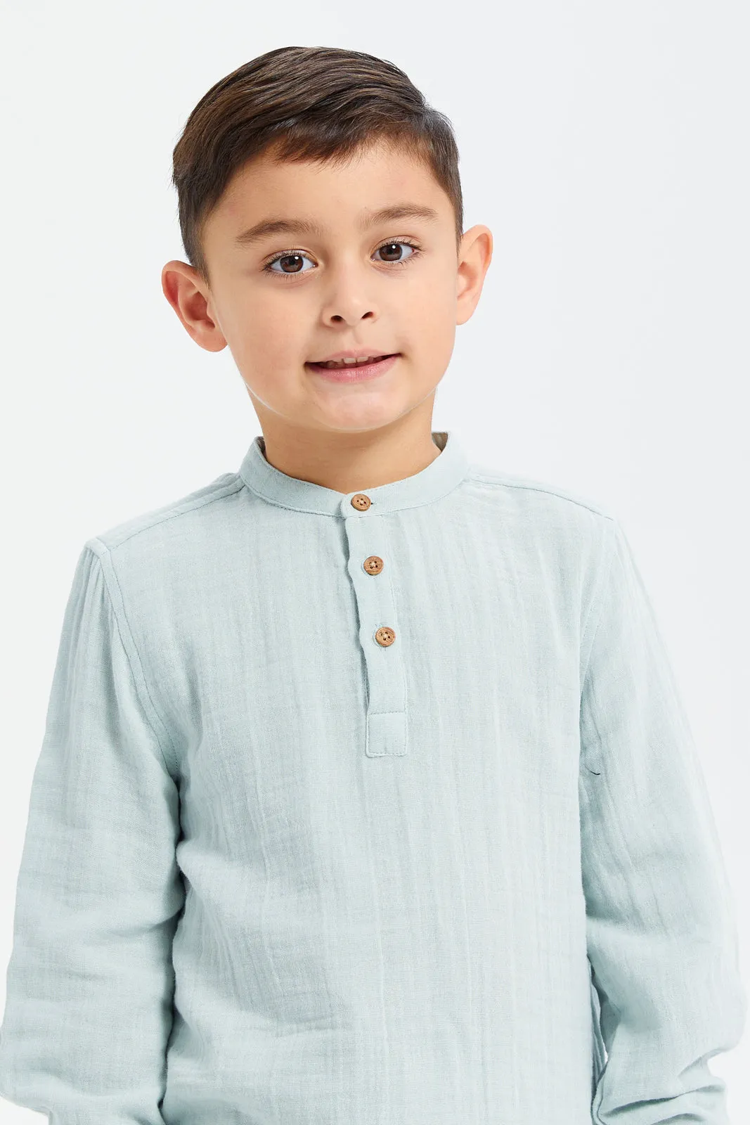 Boys Green Mandarin Collar Shirt