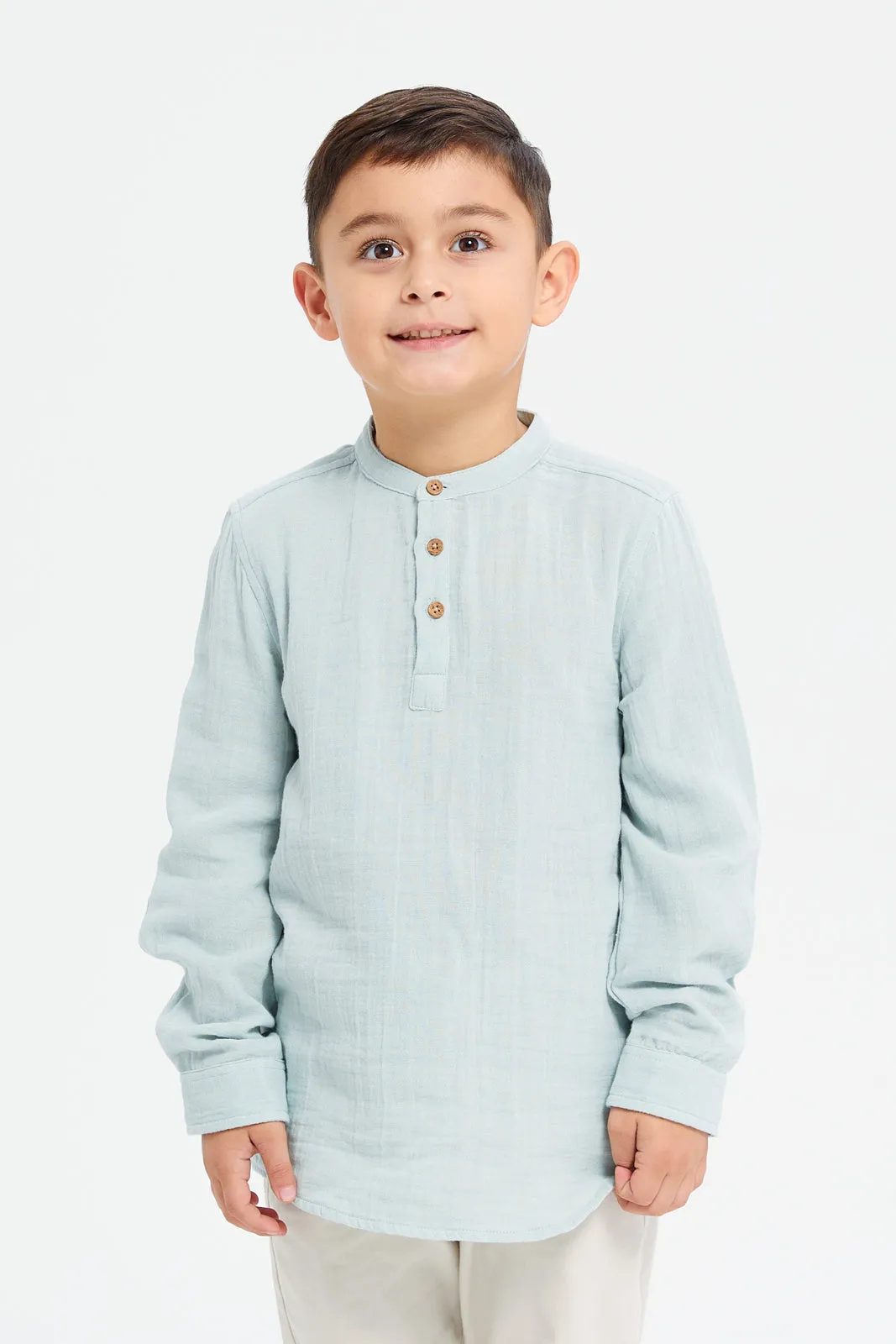 Boys Green Mandarin Collar Shirt