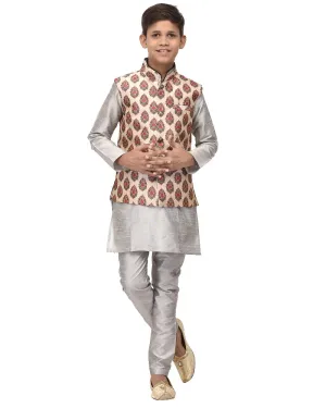 Boy's Grey Kurta Pyjama & Cream Floral Print  Jacket - Benstoke KIDS