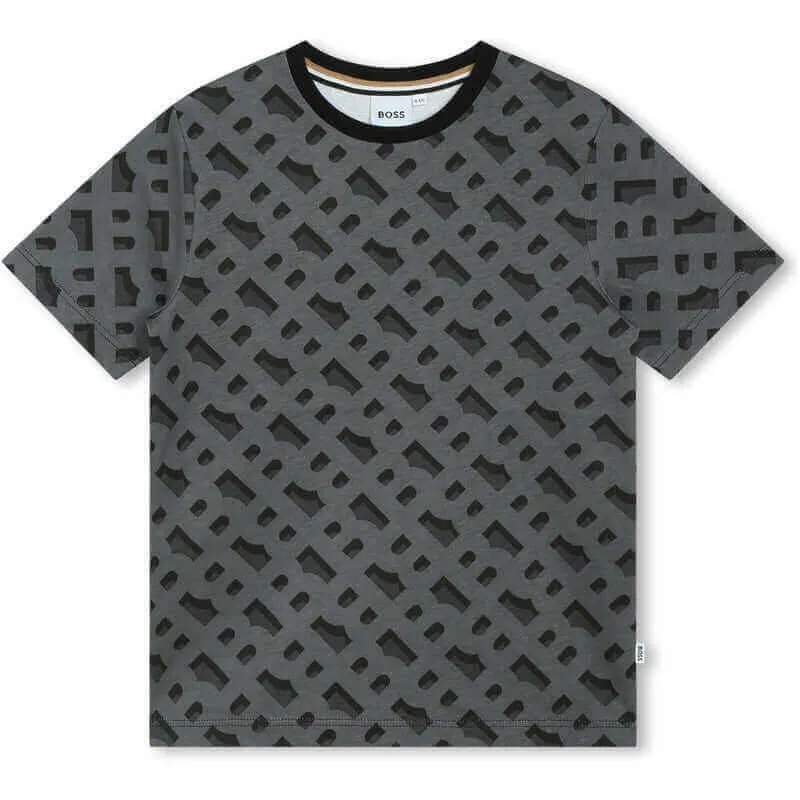 Boys Grey Monogram Print T-Shirt