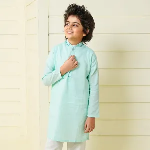 Boys Jacquard Embroidered Kurta - Mint Green