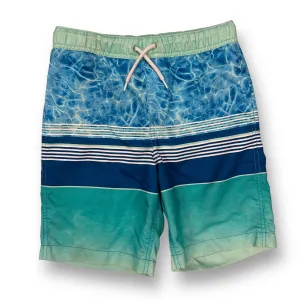 Boys Lands End Size 10/12 L Blue & Green Striped Swim Trunks