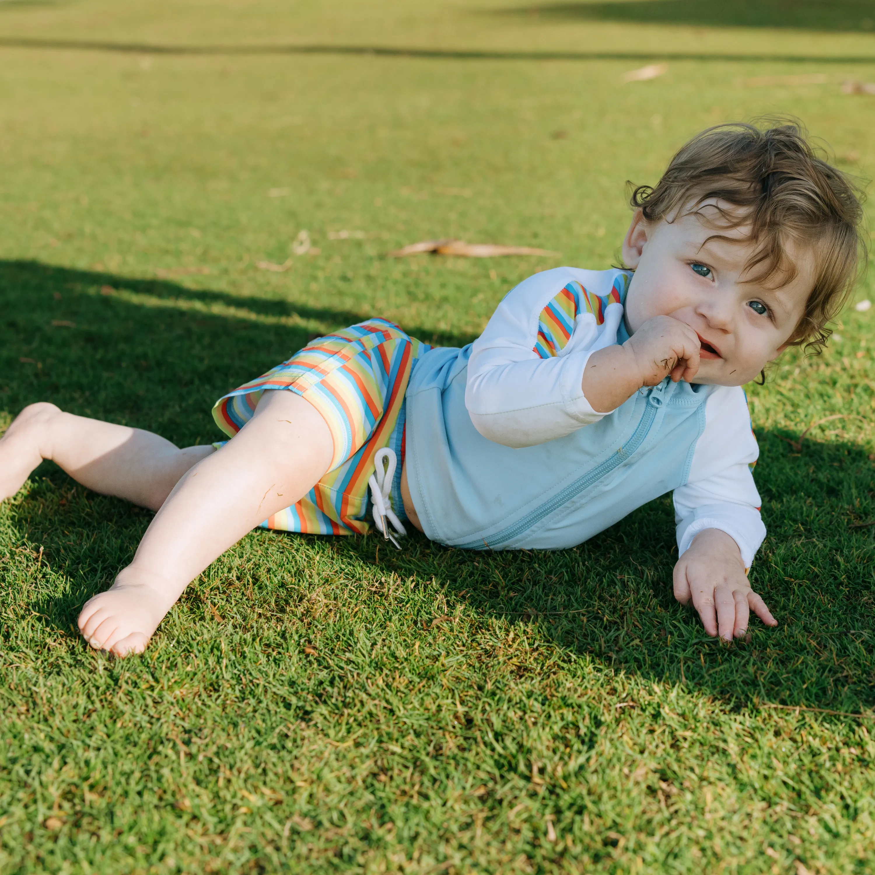 Boys Long Sleeve Zipper Rash Guard and Swim Trunk Set | "Sunny Stripe"