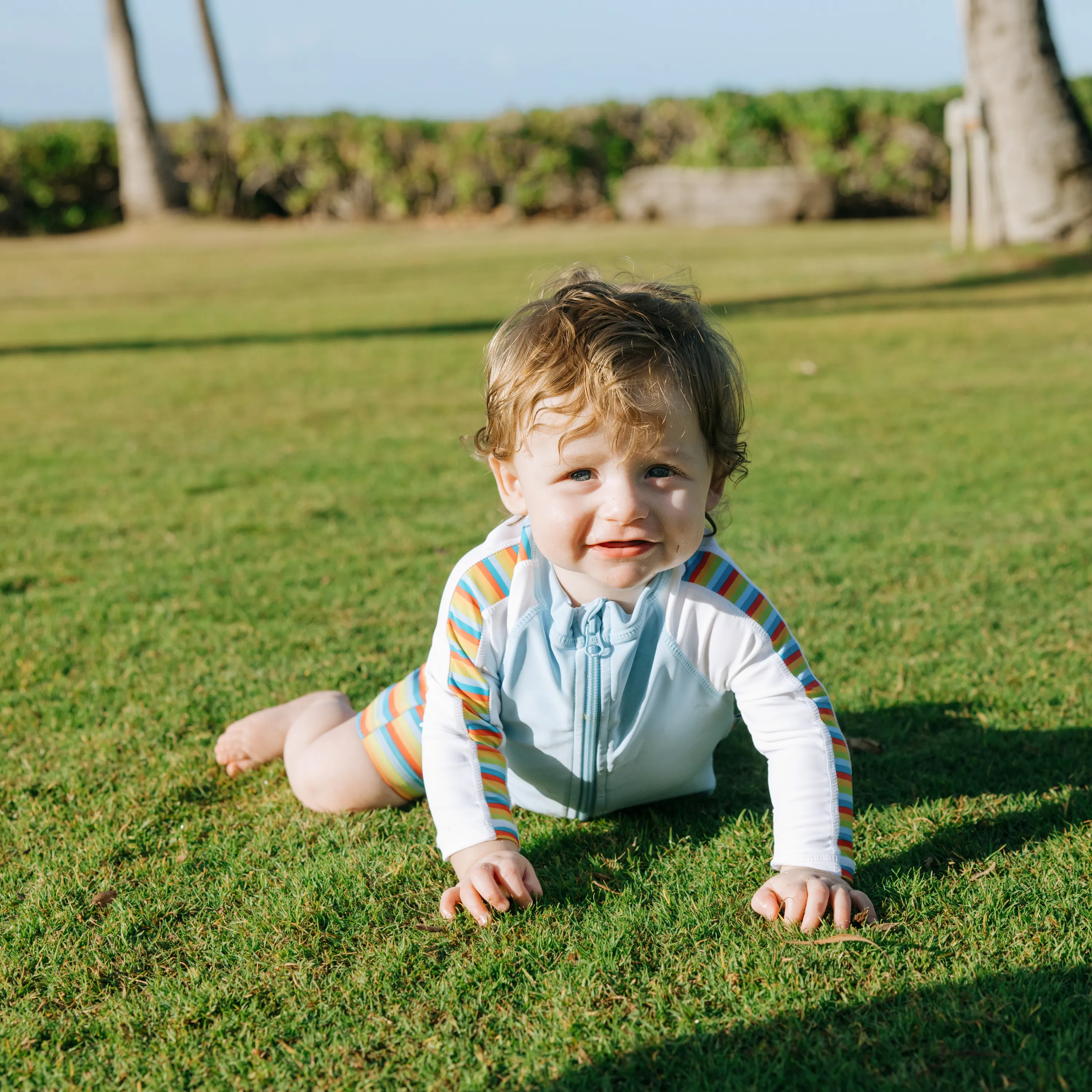 Boys Long Sleeve Zipper Rash Guard and Swim Trunk Set | "Sunny Stripe"