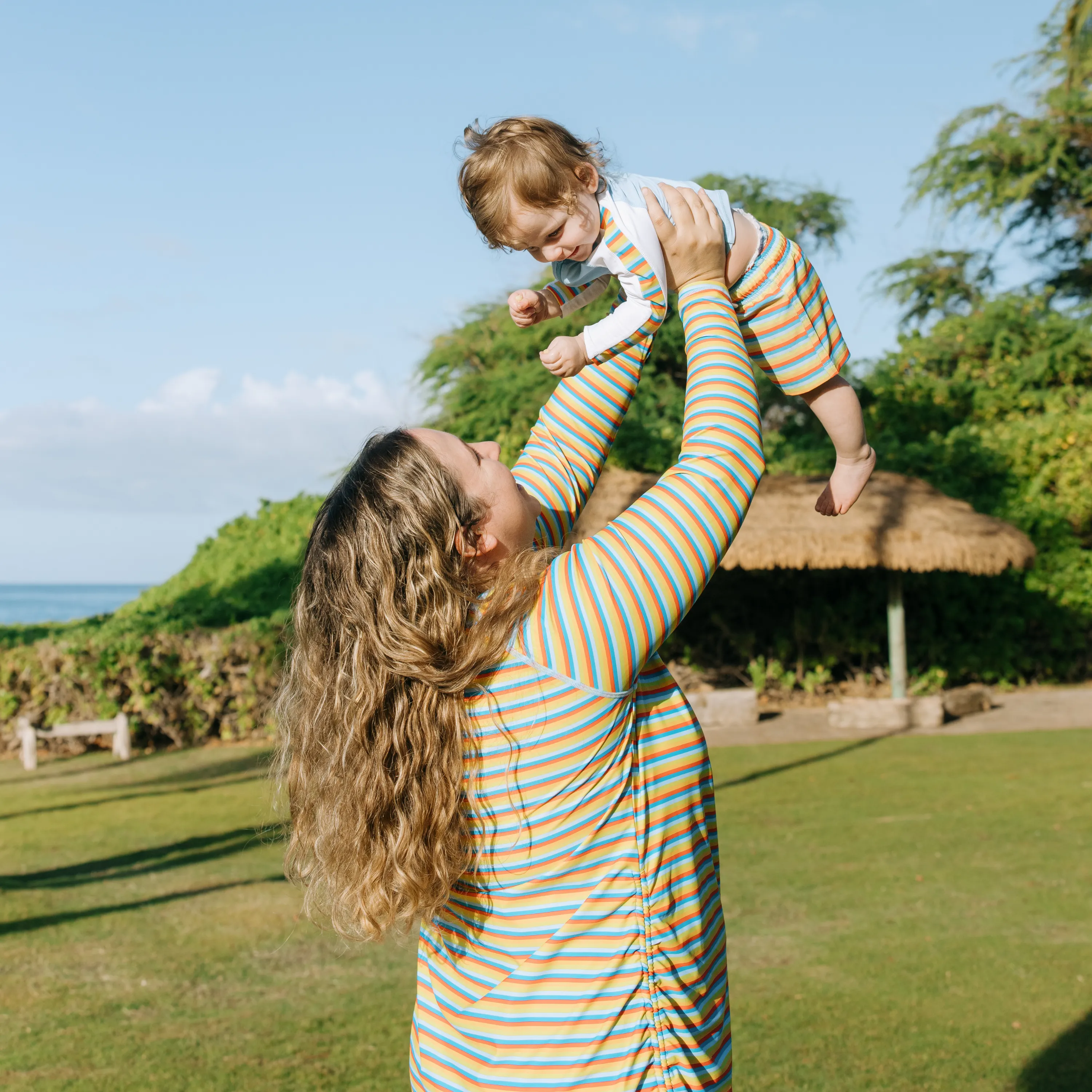 Boys Long Sleeve Zipper Rash Guard and Swim Trunk Set | "Sunny Stripe"