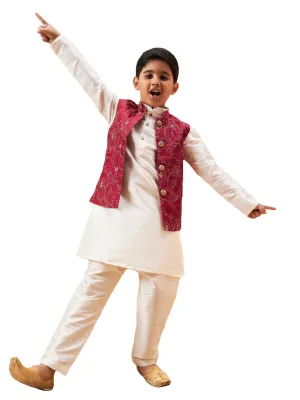 Boy's Maroon And Cream Jacket, Kurta And Pyjama Set - Vastramay Boys