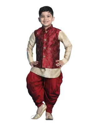 Boy's Maroon And Gold Jacket, Kurta And Dhoti Set - Vastramay Boys