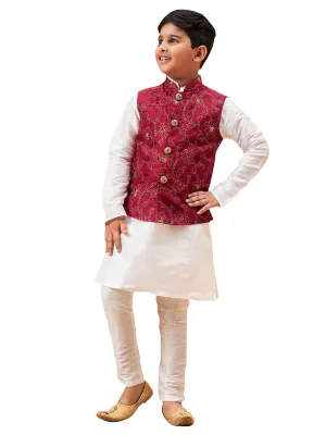 Boy's Maroon And White Jacket, Kurta And Pyjama Set - Vastramay Boys