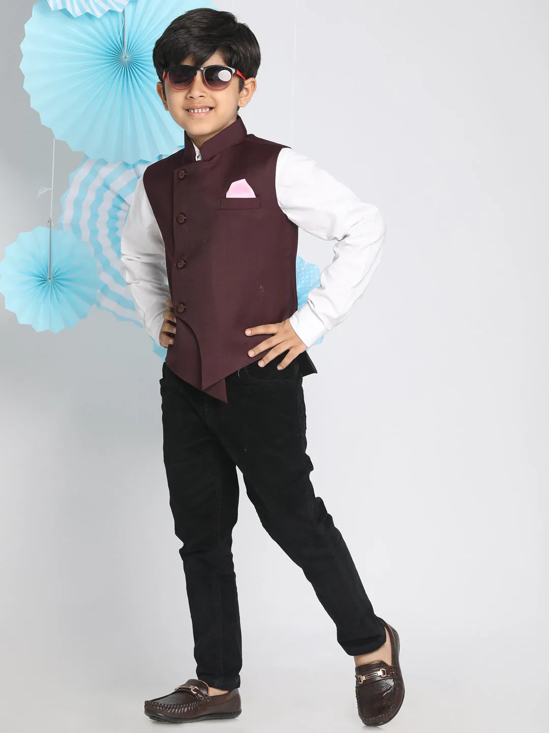 Boy's Maroon Cotton Blend Nehru Jacket - JBN Creation