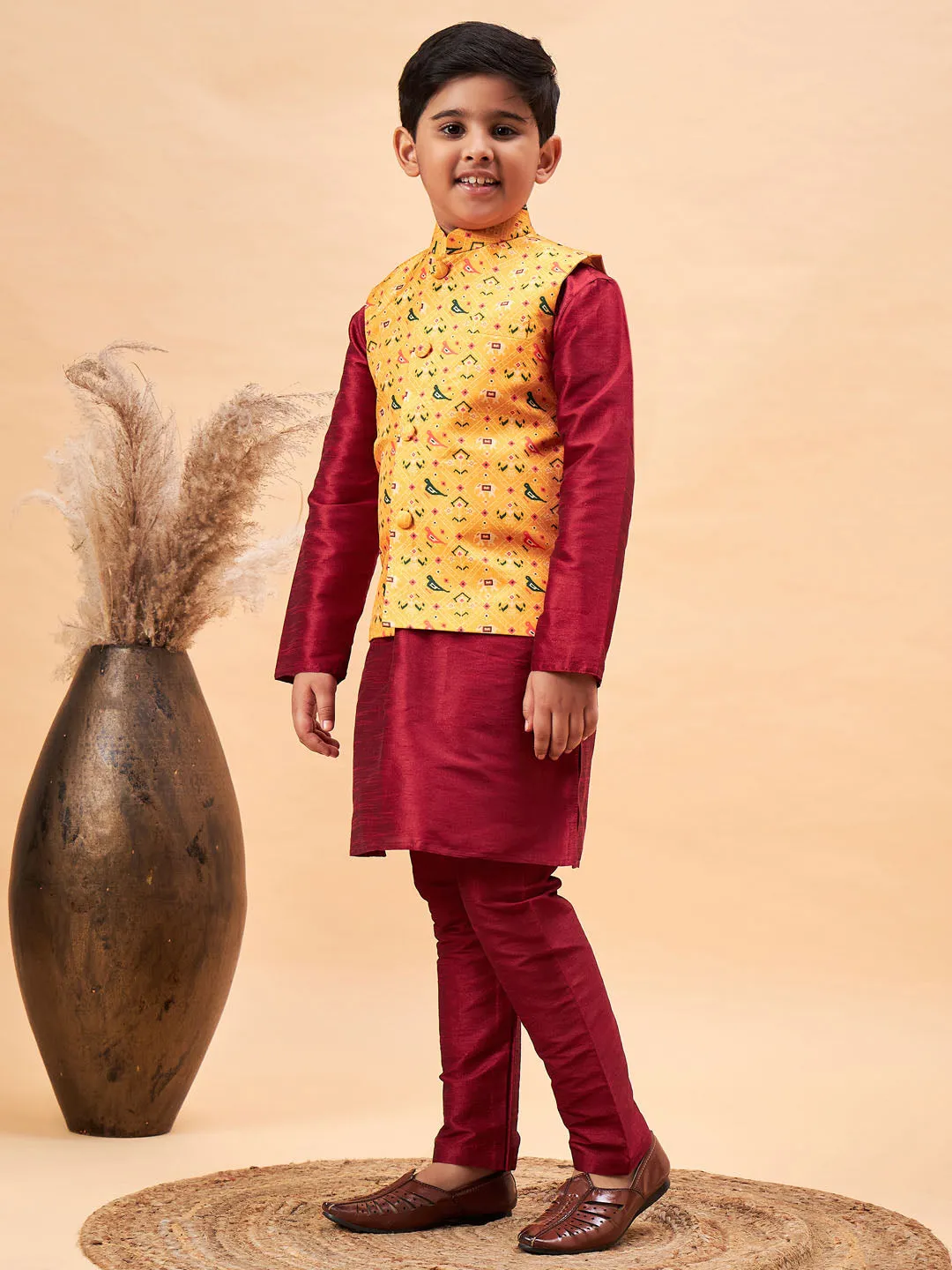 Boy's Maroon Jacket, Kurta And Pyjama Set - Vastramay Boys