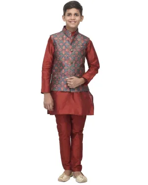 Boy's Maroon Kurta Pyjama & Green Printed Nehrujacket - Benstoke KIDS