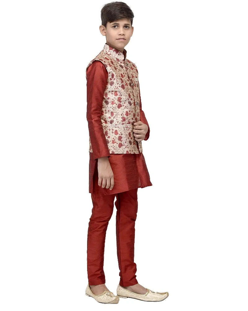 Boy's Maroon Kurta Pyjama & Maroon Floral Printed Nehrujacket - Benstoke KIDS