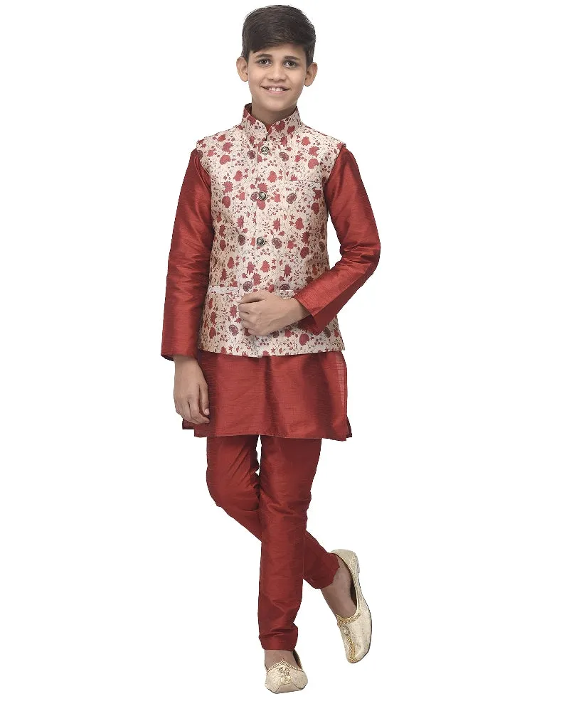 Boy's Maroon Kurta Pyjama & Maroon Floral Printed Nehrujacket - Benstoke KIDS