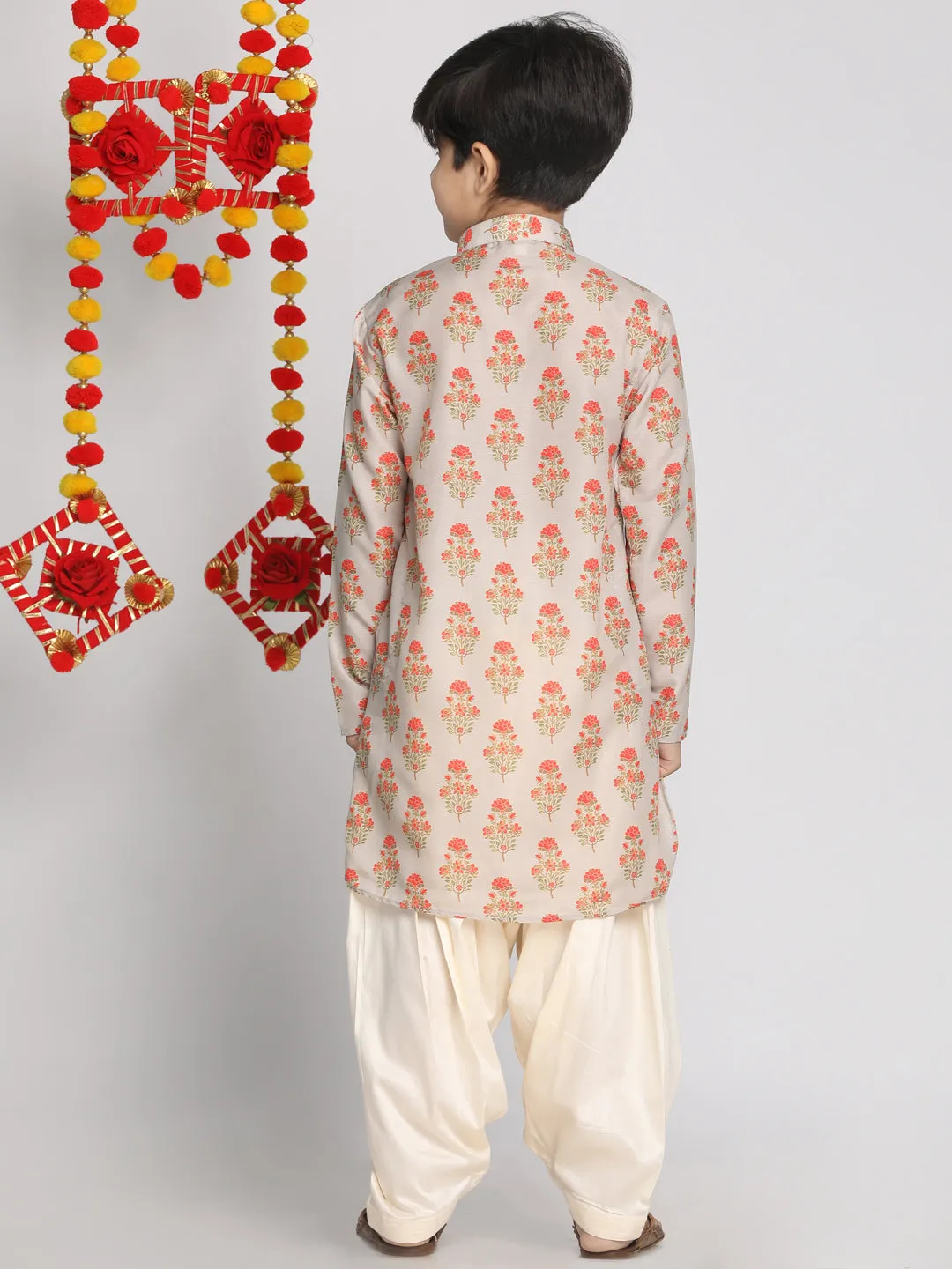 Boy's Multicolor Base Beige And Cream Kurta Patiala Set - Vastramay Boys