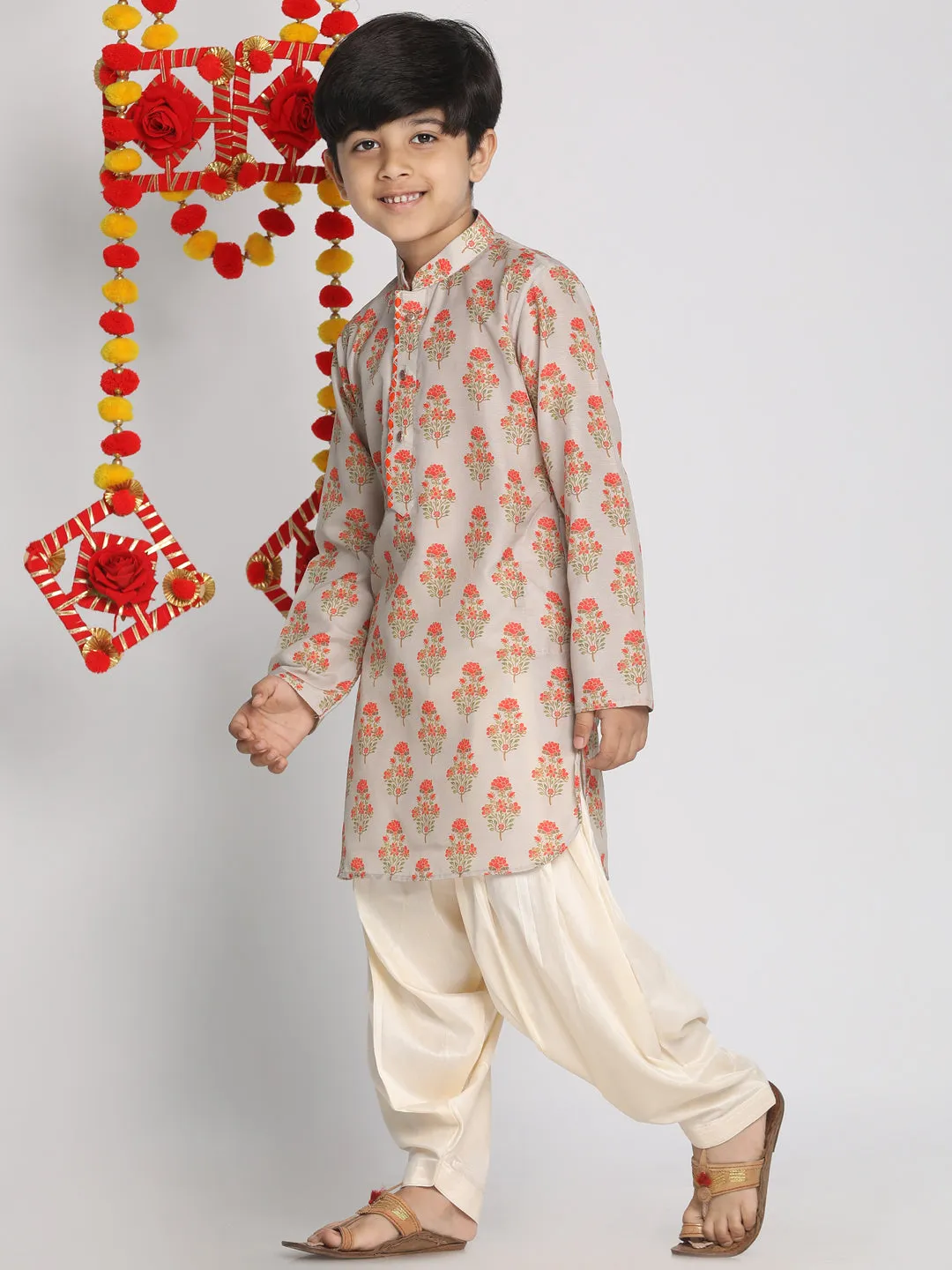 Boy's Multicolor Base Beige And Cream Kurta Patiala Set - Vastramay Boys