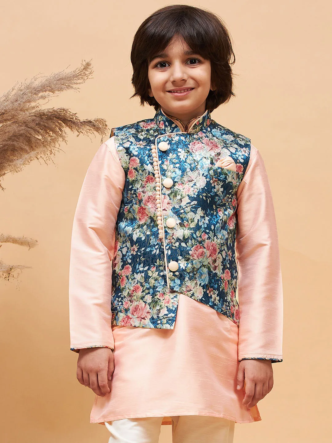 Boy's Multicolor Base Blue Nehru Jacket - Vastramay Boys