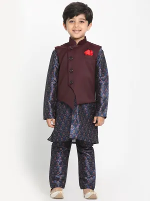 Boy's Multicolor Base Blue Silk Blend Jacket, Kurta And Pyjama Set - JBN Creation