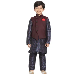 Boy's Multicolor-Base-Blue Silk Blend Jacket, Kurta And Pyjama Set - JBN Creation