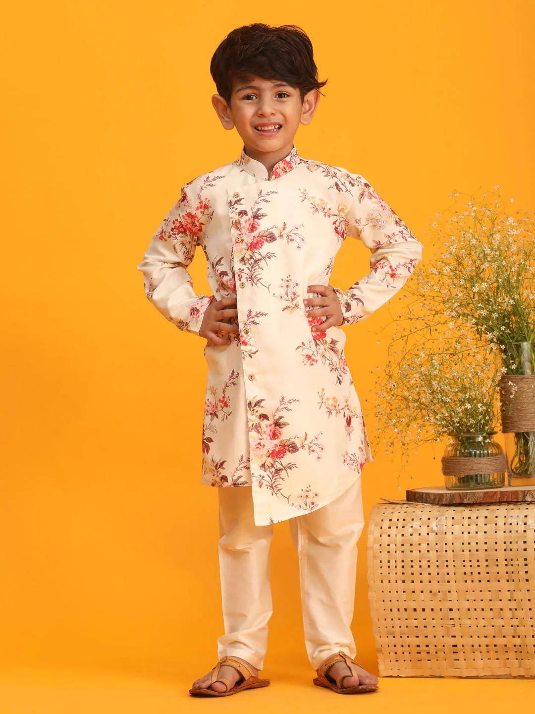 Boy's Multicolor Base Cream Kurta Pyjama Set - Vastramay Boys