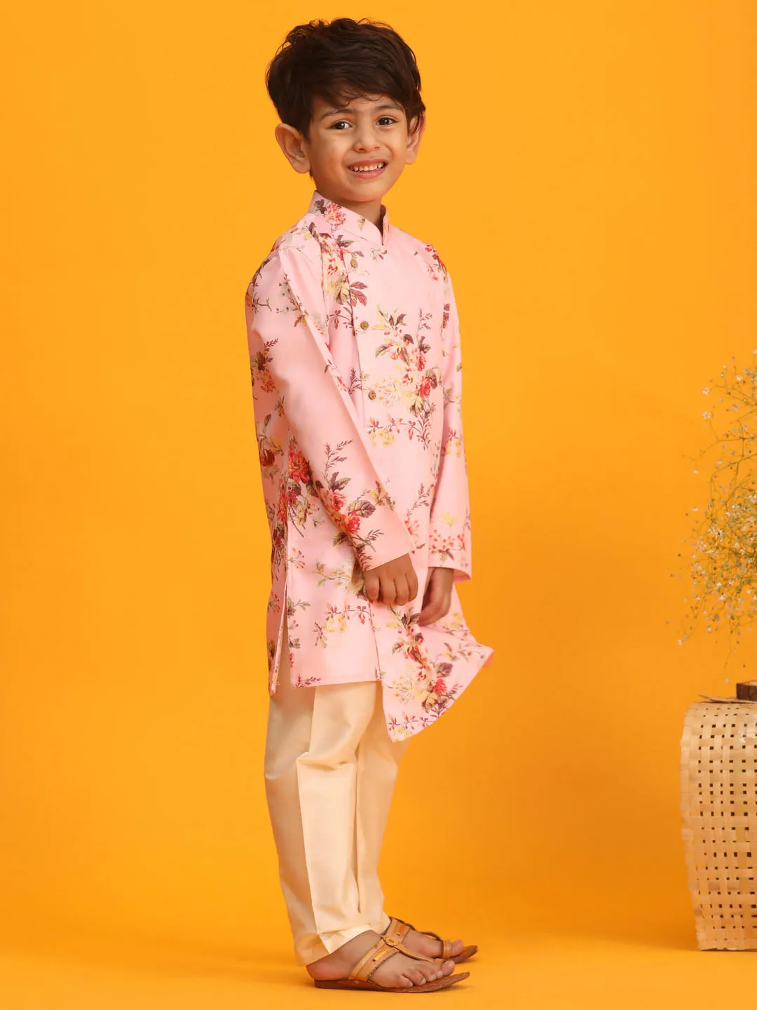 Boy's Multicolor Base Pink Kurta Pyjama Set - Vastramay Boys