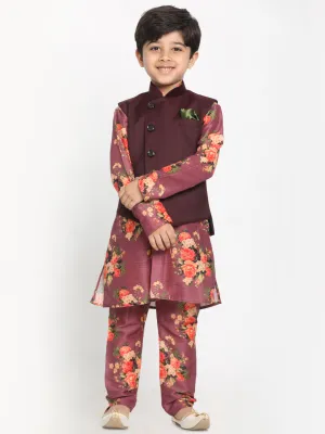 Boy's Multicolor Base Wine Cotton Blend Jacket, Kurta And Pyjama Set - JBN Creation