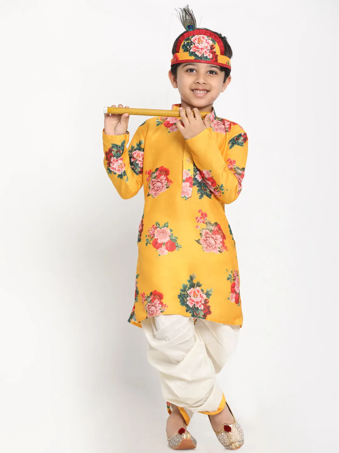 Boy's Multicolor-Base-Yellow Cotton Blend Kurta And Dhoti Set - JBN Creation