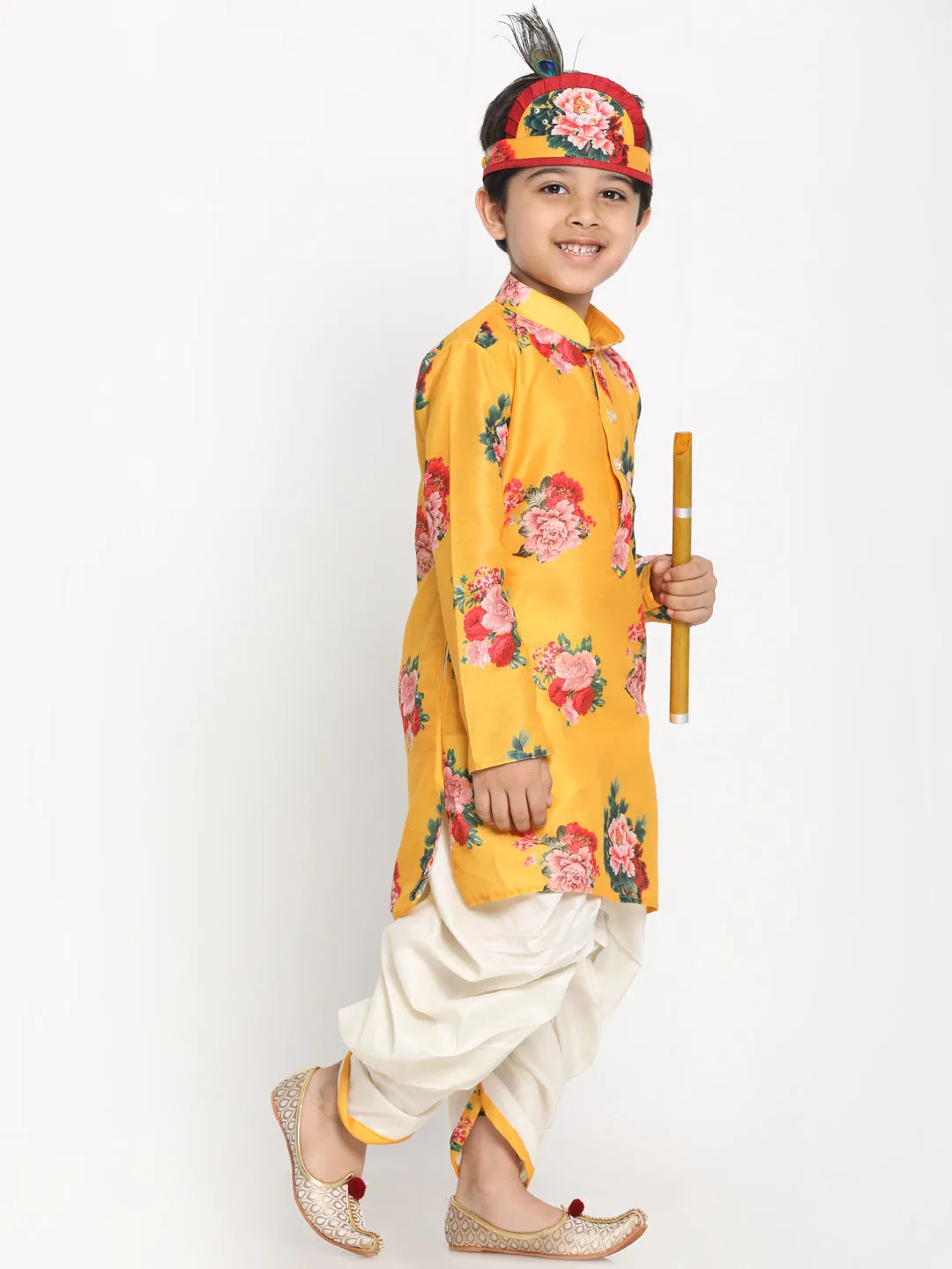 Boy's Multicolor-Base-Yellow Cotton Blend Kurta And Dhoti Set - JBN Creation