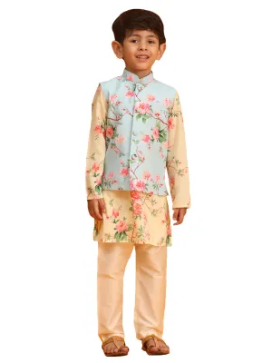 Boy's Multicolor Base Yellow Jacket, Kurta And Pyjama Set - Vastramay Boys