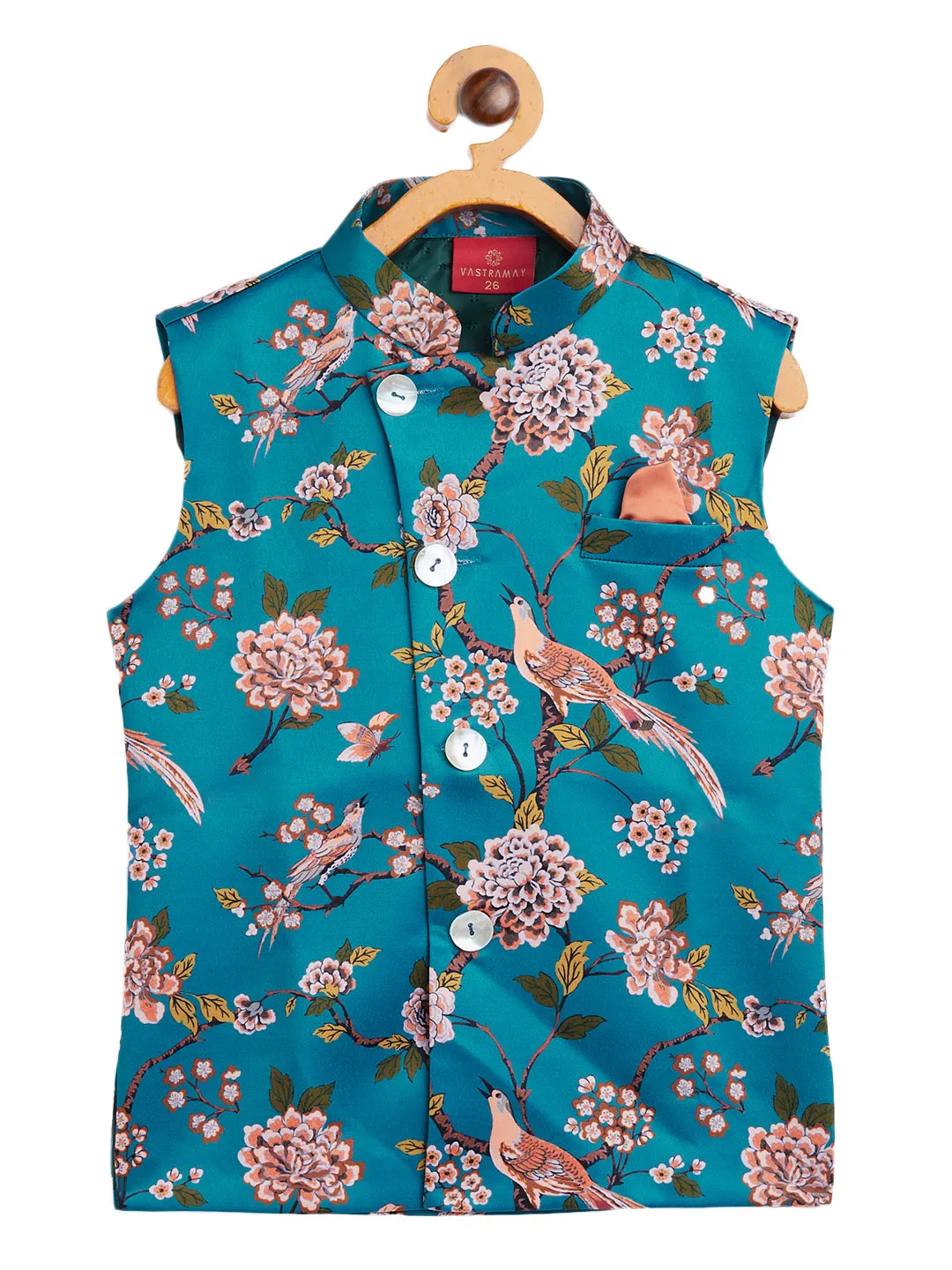 Boy's Multicolored-Base-Turquoise Nehru Jacket - Vastramay Boys