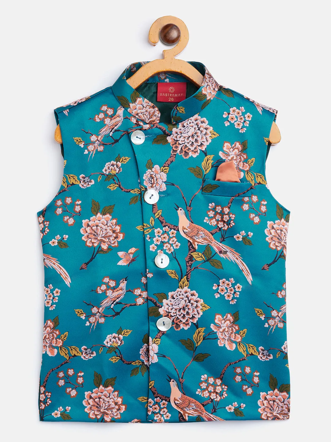 Boy's Multicolored-Base-Turquoise Nehru Jacket - Vastramay Boys