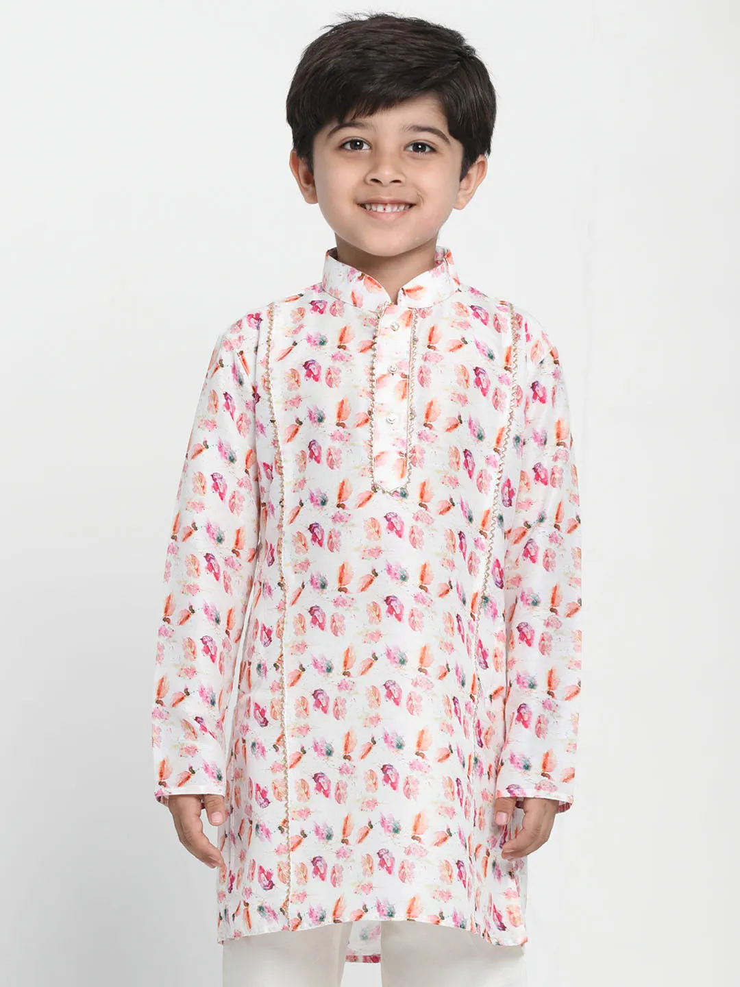 Boy's Multicolored Base White Kurta - Vastramay Boys