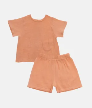 Boys Muslin Shirt & Short 2pcs Set - Coral