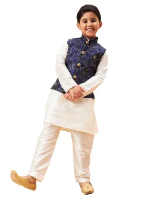 Boy's Navy Blue And Cream Jacket, Kurta And Pyjama Set - Vastramay Boys