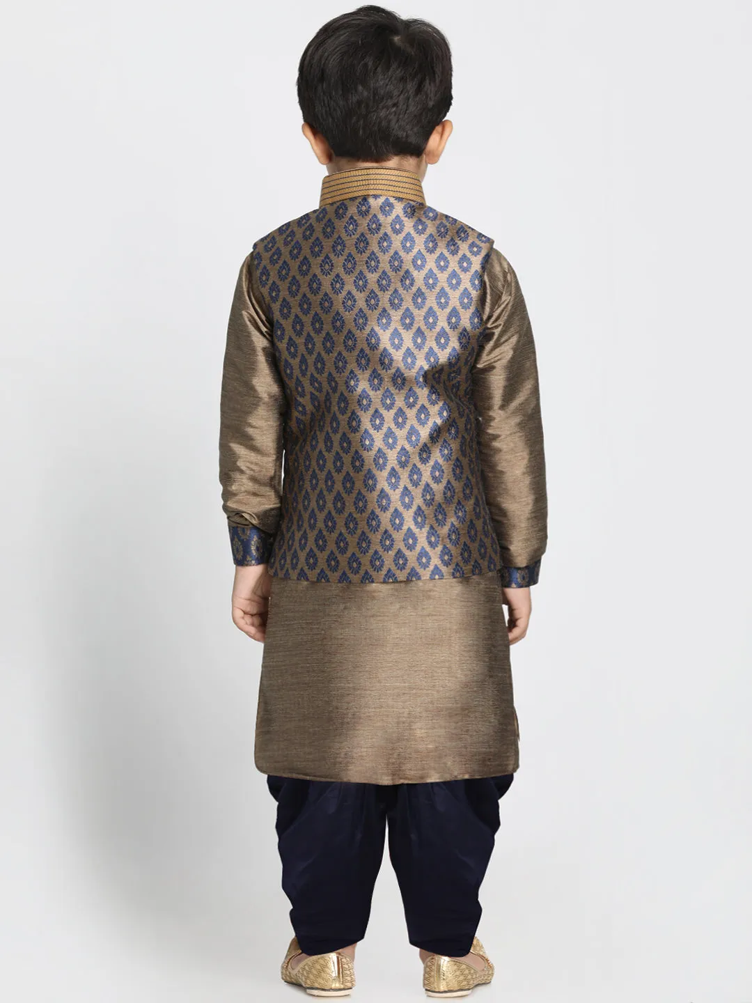 Boy's Navy Blue And Gold Silk Blend Jacket, Kurta And Dhoti Set - JBN Creation