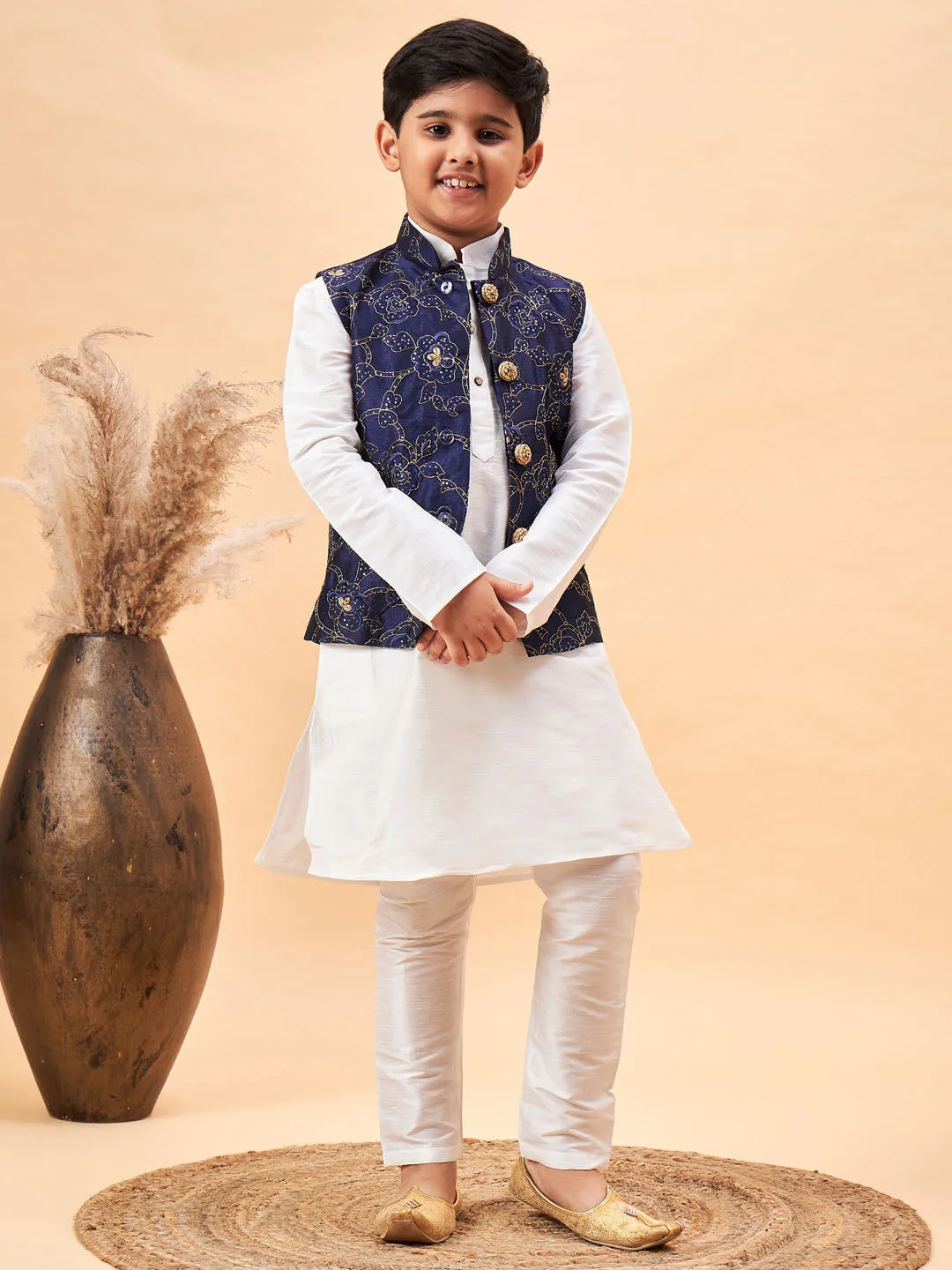 Boy's Navy Blue And White Jacket, Kurta And Pyjama Set - Vastramay Boys