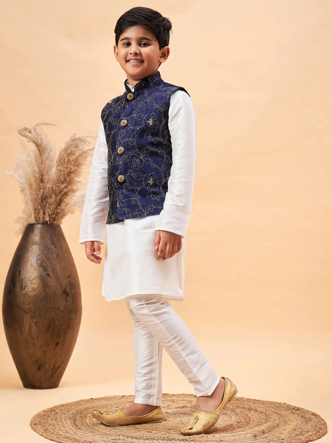 Boy's Navy Blue And White Jacket, Kurta And Pyjama Set - Vastramay Boys