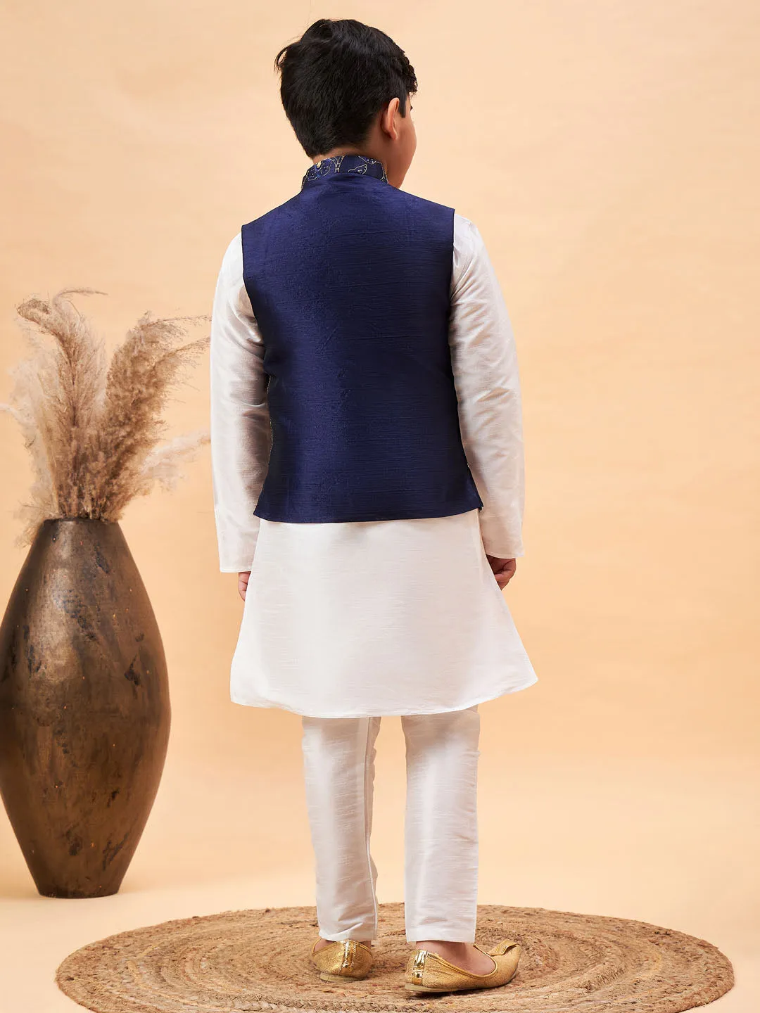 Boy's Navy Blue And White Jacket, Kurta And Pyjama Set - Vastramay Boys